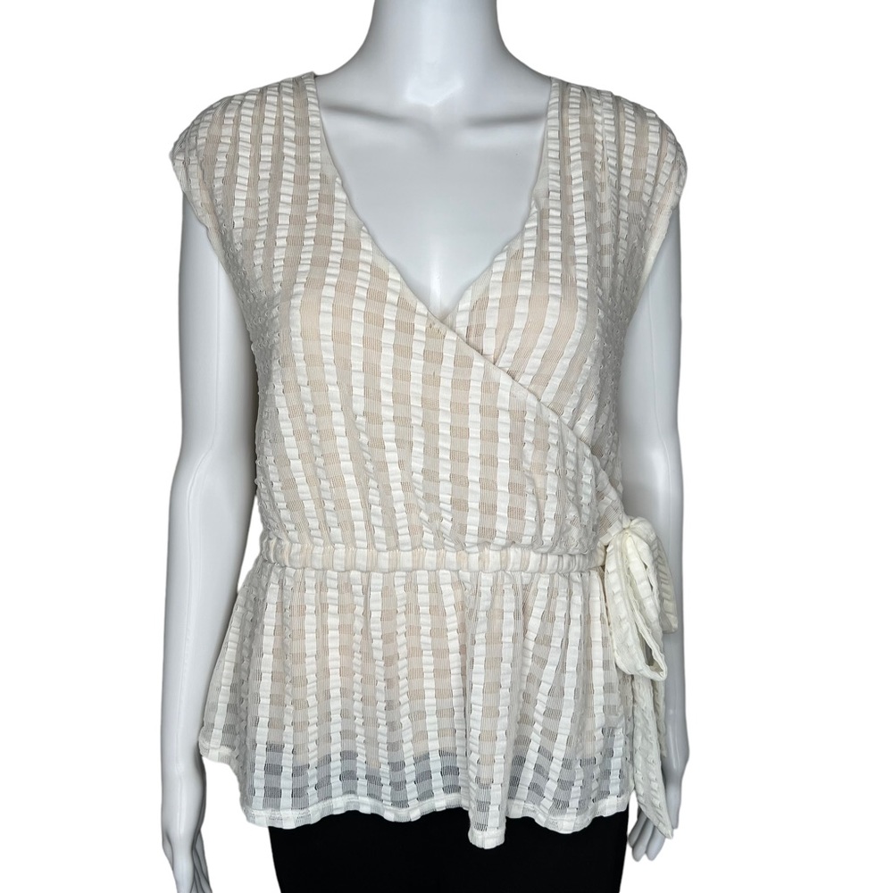Deletta Mesh VNeck Cross Tie Peplum Sleeveless Top M
